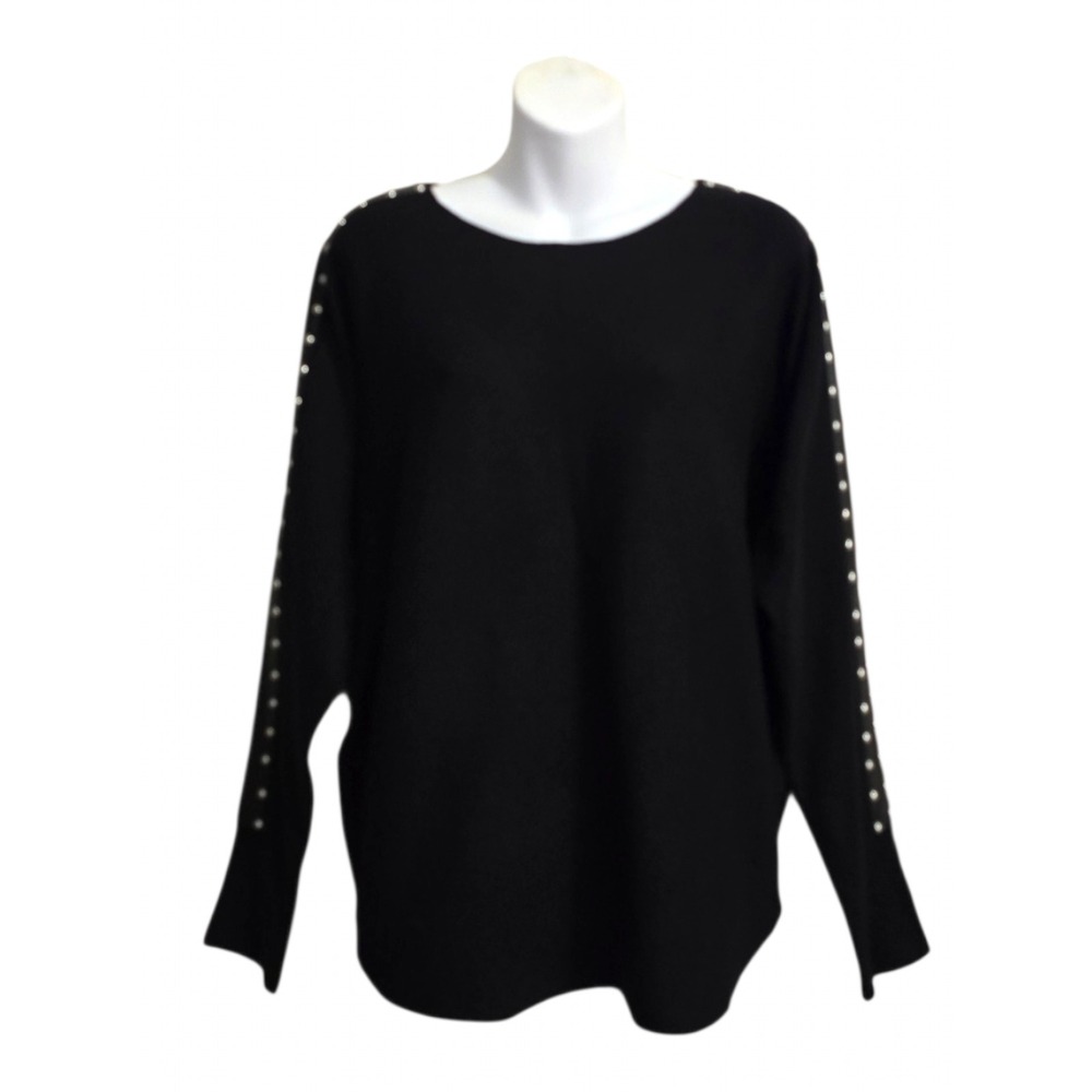 Sioni Faux Leather Studded Dolman Long Sleeve Sweater In Black Sz L